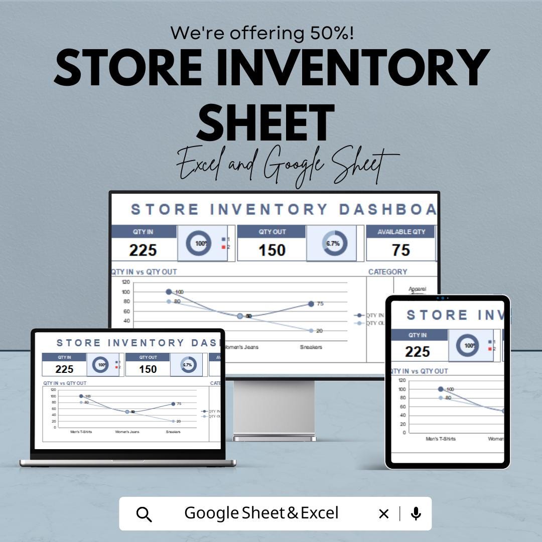 Store Inventory Sheet – Editable Excel & Google Sheet Template | Stock Tracking Dashboard | Quantity In/Out Tracker for Retail