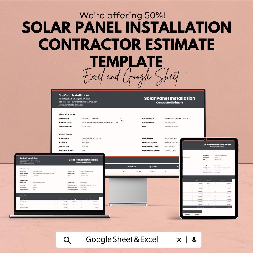 Solar Panel Installation Estimate Template | Contractor Estimate Spreadsheet | Solar Project Cost Calculator | Construction Estimate