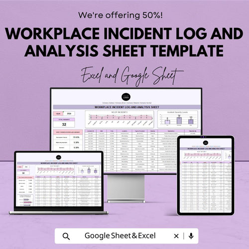Workplace Incident Log and Analysis Sheet Template | Employee Incident Report | Health & Safety Dashboard