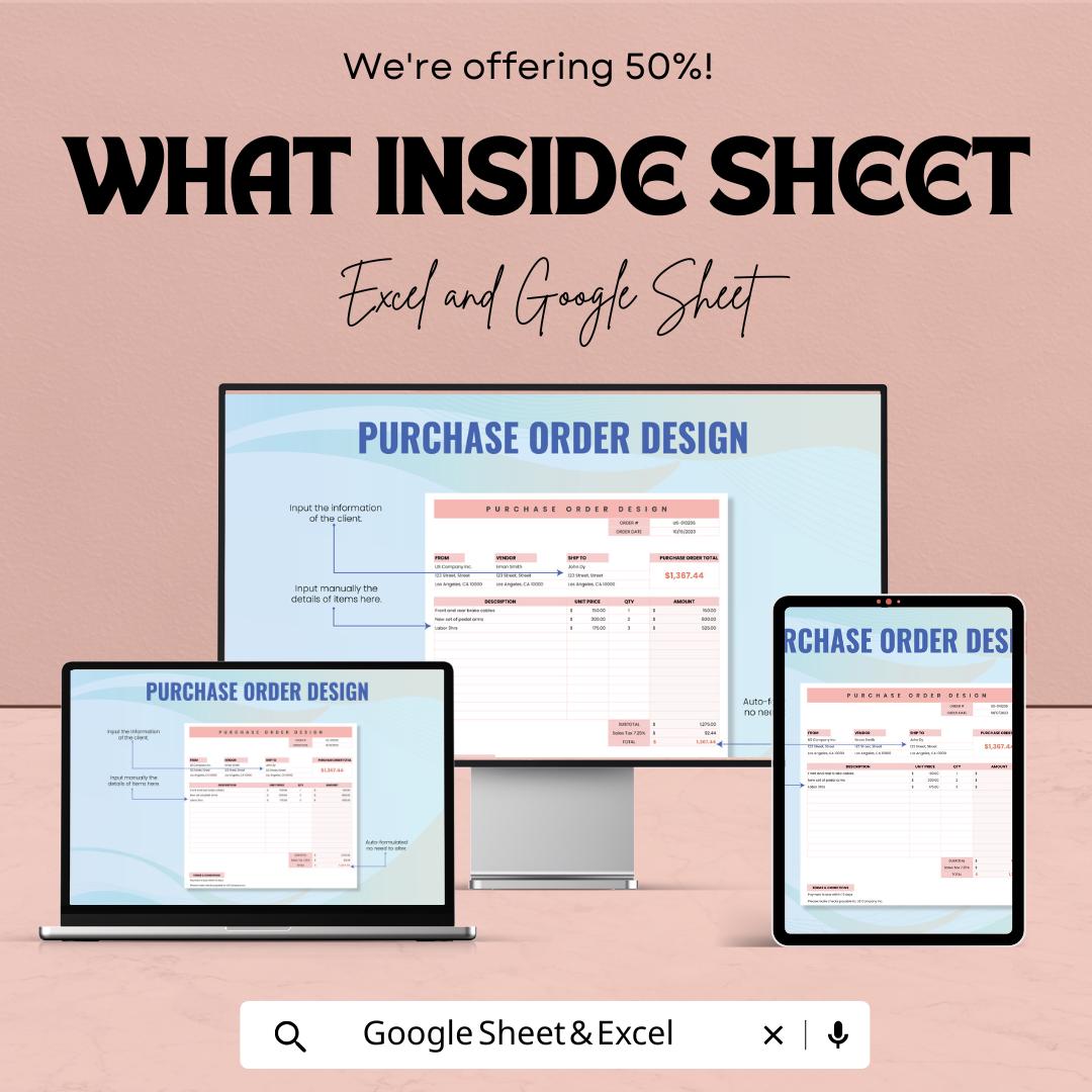Purchase Order Design Template | Editable Purchase Order Form | Business Order Tracker | Printable Vendor Invoice Sheet