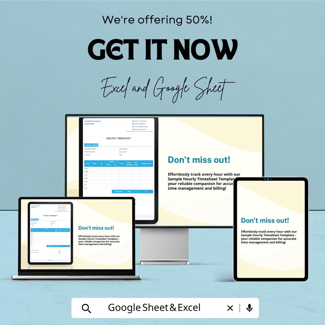 Sample Hourly Timesheet Template | Excel and Google Sheets | Employee Time Tracker | Work Hours Log | Payroll & Attendance Sheet