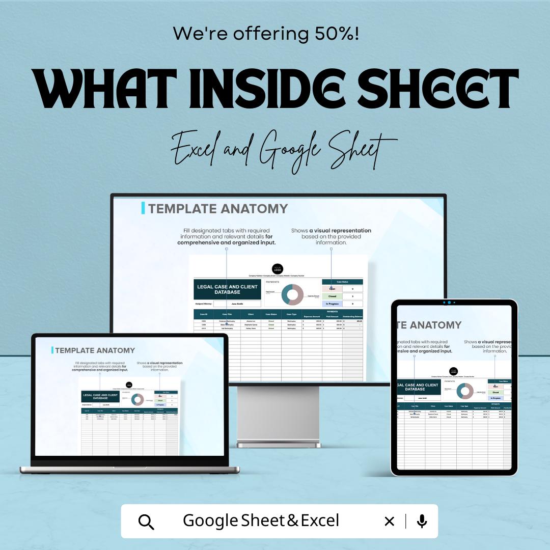 Legal Case and Client Database Template, Law Firm Case Tracker, Attorney Client Management Spreadsheet, Legal Organizer, Excel Google Sheets