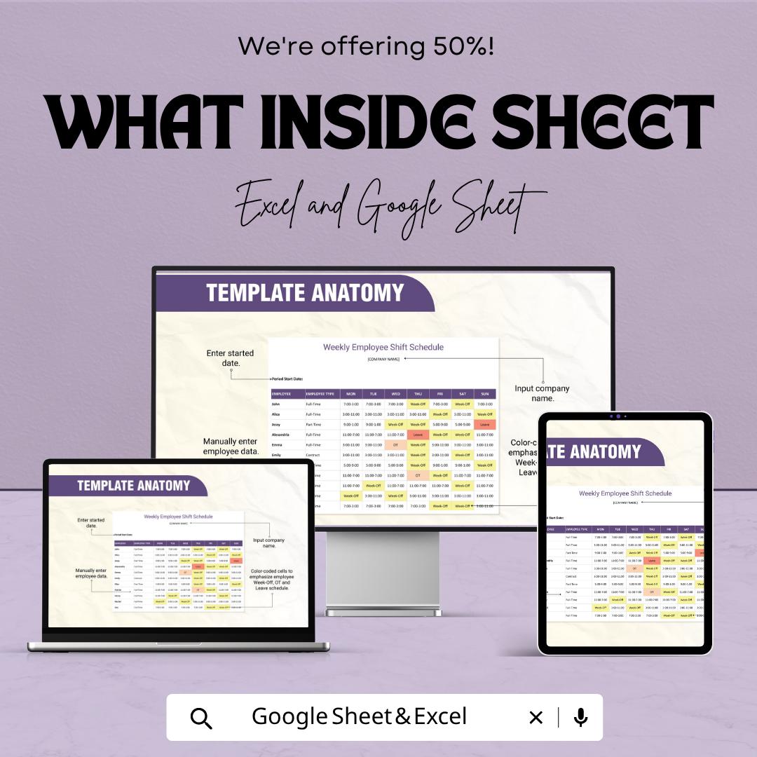 Sample Weekly Employee Shift Schedule Template | Staff Work Schedule Planner | Employee Roster Spreadsheet | Weekly Shift Planner