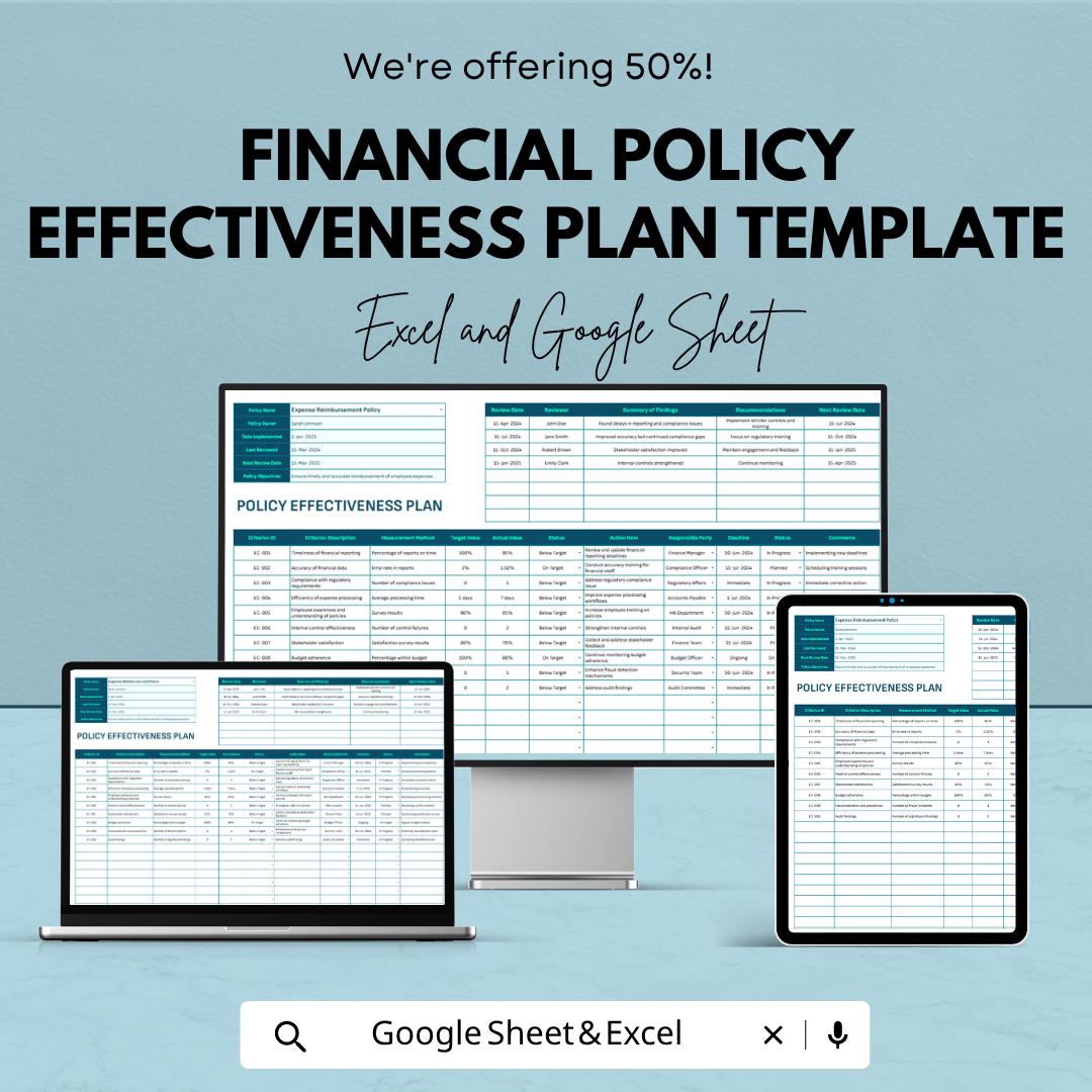 Financial Policy Effectiveness Plan Template | Policy Evaluation Spreadsheet | Compliance Tracker | Audit Planning Sheet