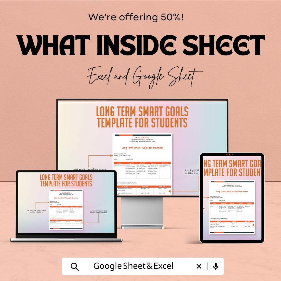 Long Term SMART Goals Template for Students | Academic Goal Planner | Student Goal Setting Worksheet | Study Planning Template
