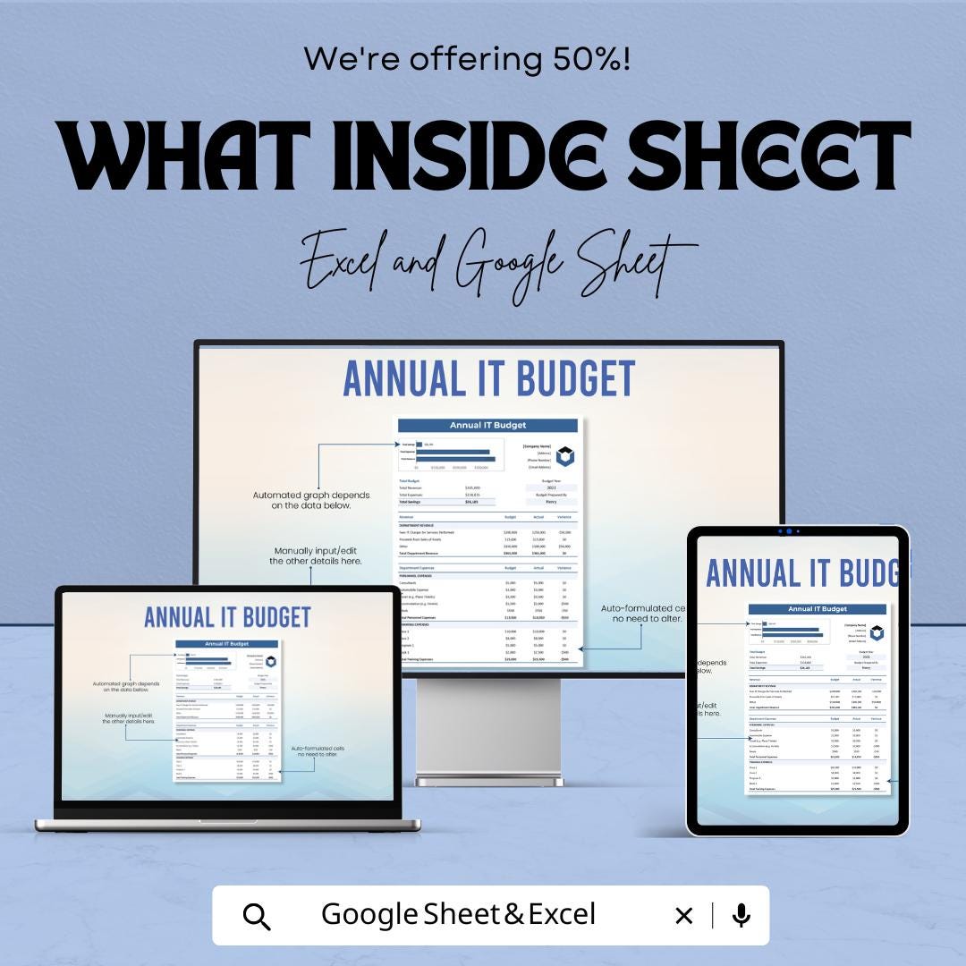 Annual IT Budget Template | IT Budget Spreadsheet | Excel & Google Sheets | Technology Expense Tracker | Business Budget Planner