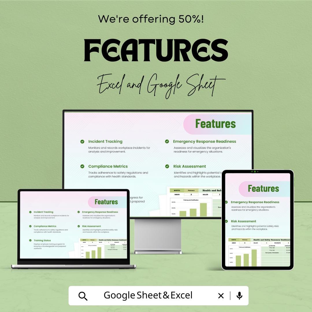 Health and Safety Dashboard Template | Workplace Safety Tracker | Incident & Compliance Dashboard Excel and Google Sheets