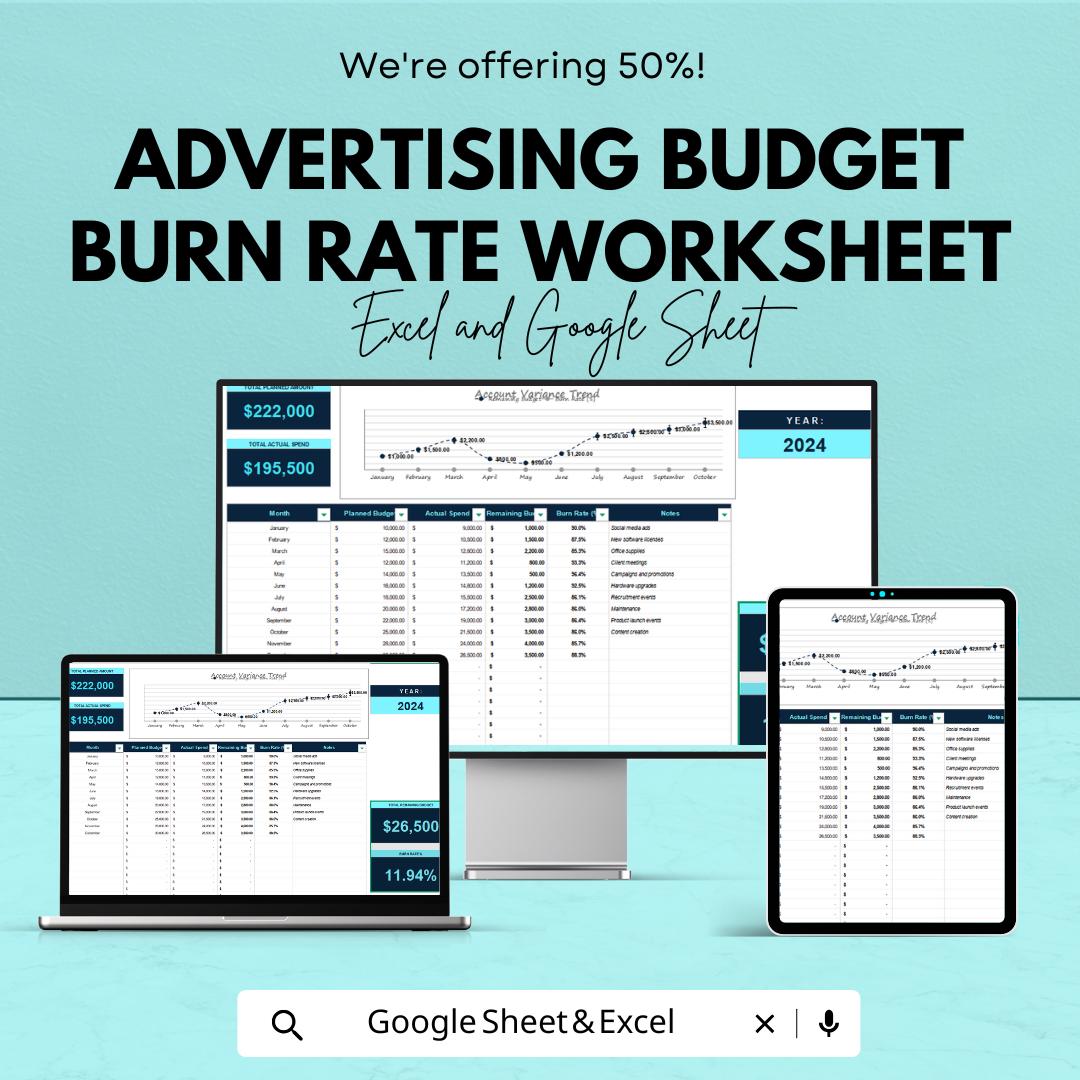 Advertising Budget Burn Rate Worksheet – Excel & Google Sheets – Track and Manage Advertising Spend Efficiently – 50% OFF
