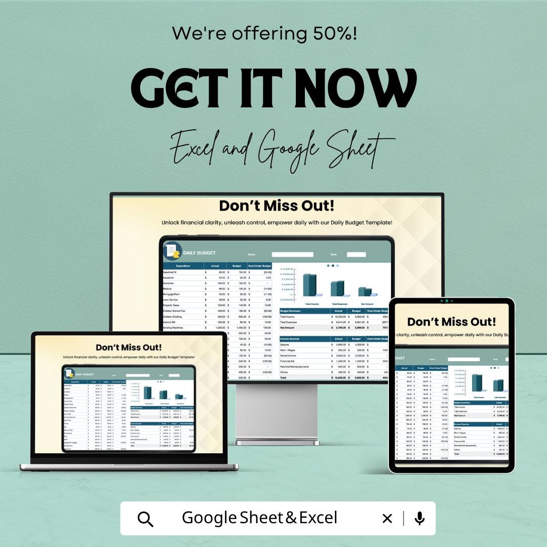 Daily Budget Template | Google Sheets Excel Budget Planner | Expense Tracker Spreadsheet | Personal Finance Planner | Digital Download