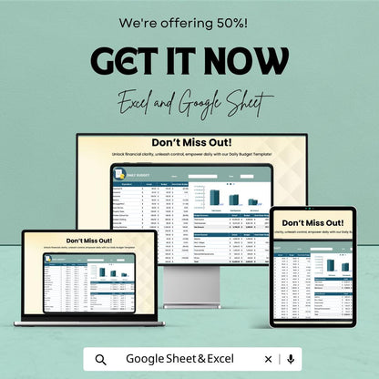Daily Budget Template | Google Sheets Excel Budget Planner | Expense Tracker Spreadsheet | Personal Finance Planner | Digital Download