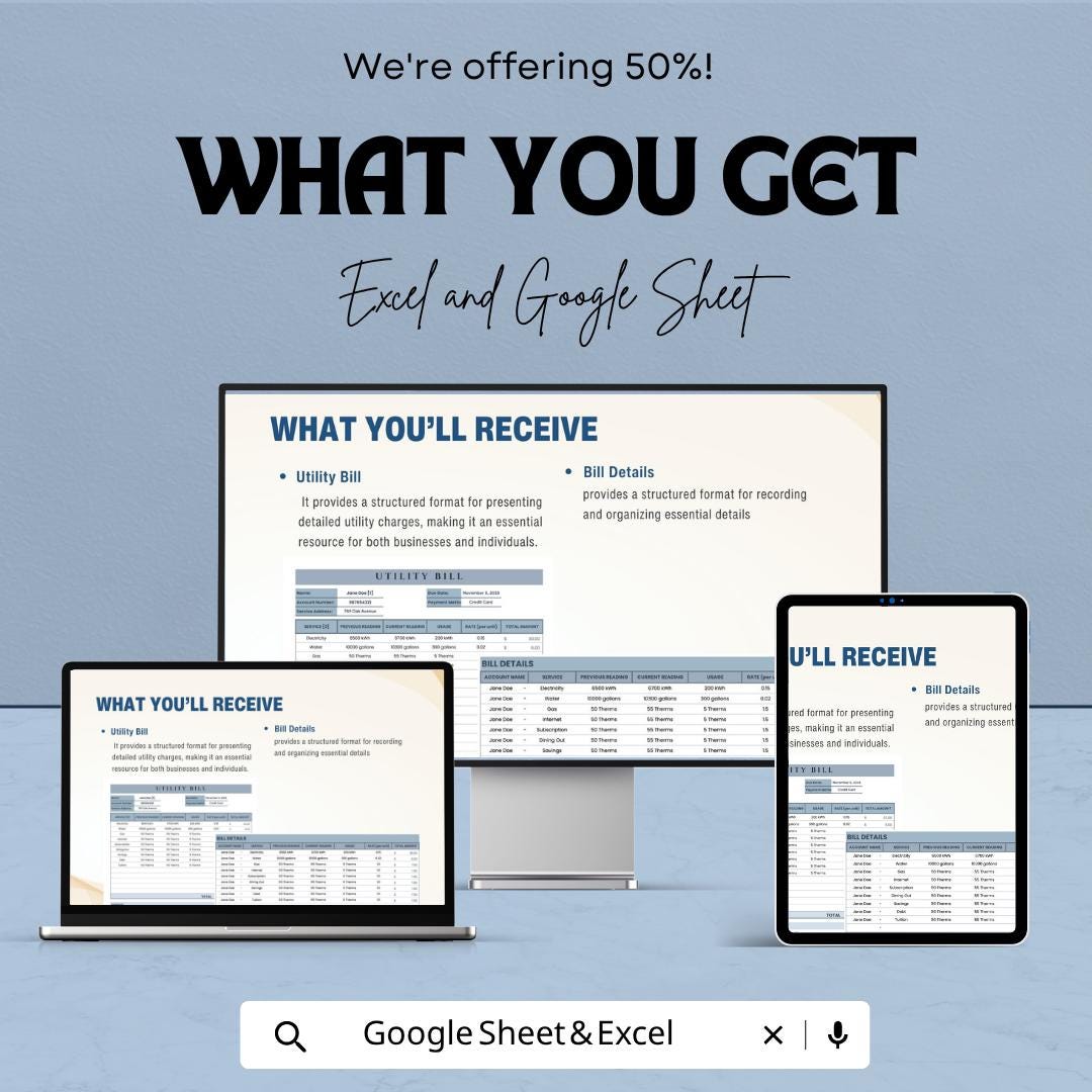 Utility Bill Template | Monthly Utility Expense Tracker | Household Bill Spreadsheet | Excel & Google Sheets | Utility Payment Management