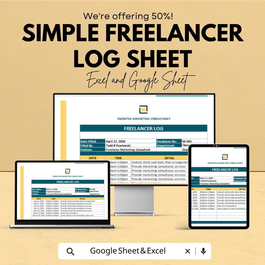 Simple Freelancer Log Template | Time Tracker Sheet | Excel & Google Sheets | Editable Download | 50% Off