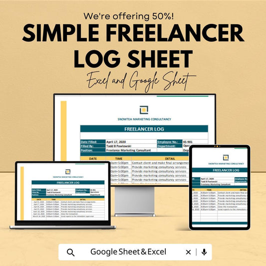 Simple Freelancer Log Template | Time Tracker Sheet | Excel & Google Sheets | Editable Download | 50% Off