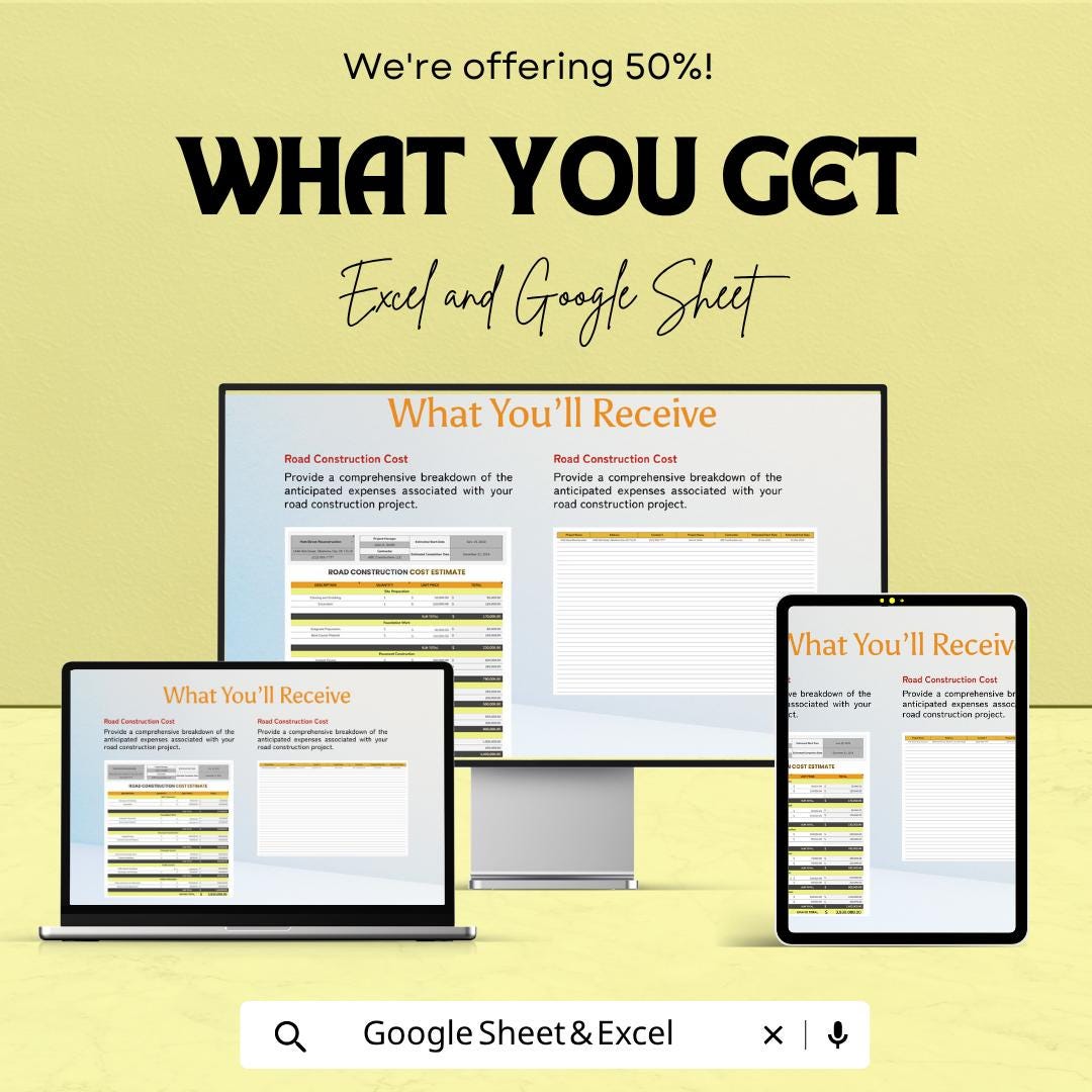 Road Construction Cost Estimate Template Excel Google Sheets | Construction Estimate Spreadsheet | Project Cost Calculator |
