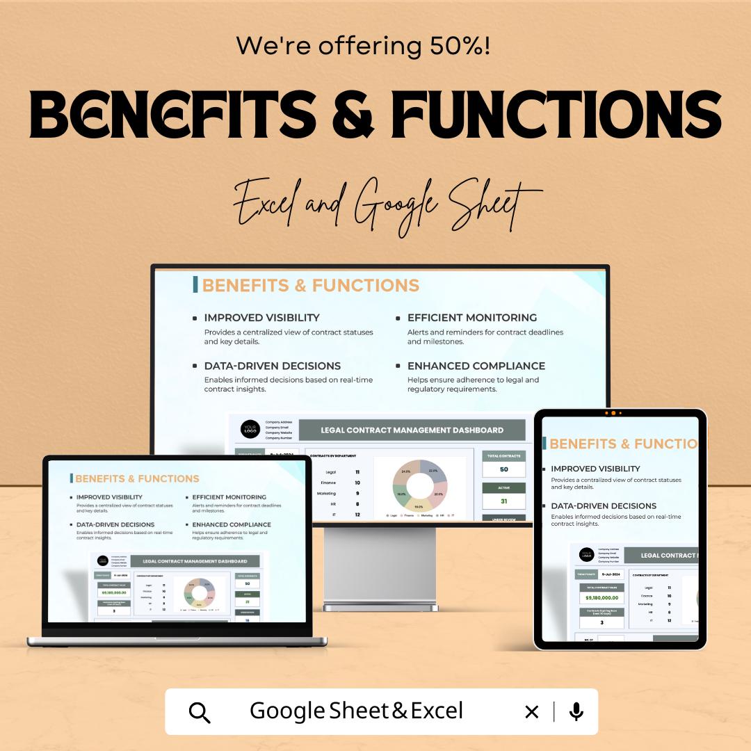 Legal Contract Management Dashboard - Google Sheet Template - Track Contracts, Manage Compliance & Risk - Editable and Customizable