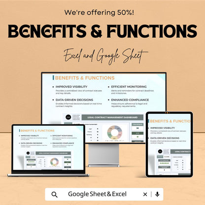 Legal Contract Management Dashboard - Google Sheet Template - Track Contracts, Manage Compliance & Risk - Editable and Customizable