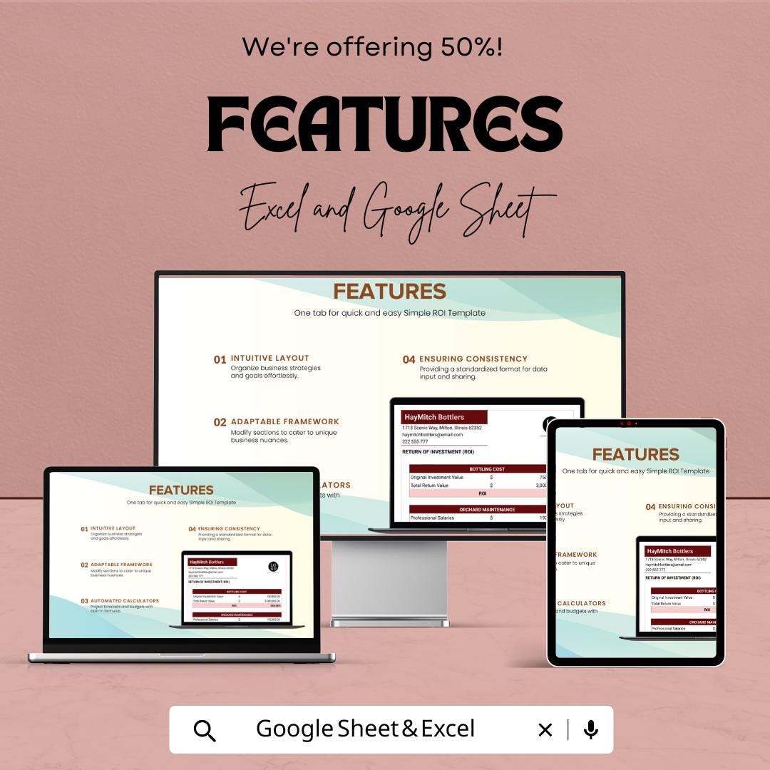 Simple ROI Template | Return on Investment Calculator | Business Finance Tracker | Profit Analysis Spreadsheet | Financial Planner
