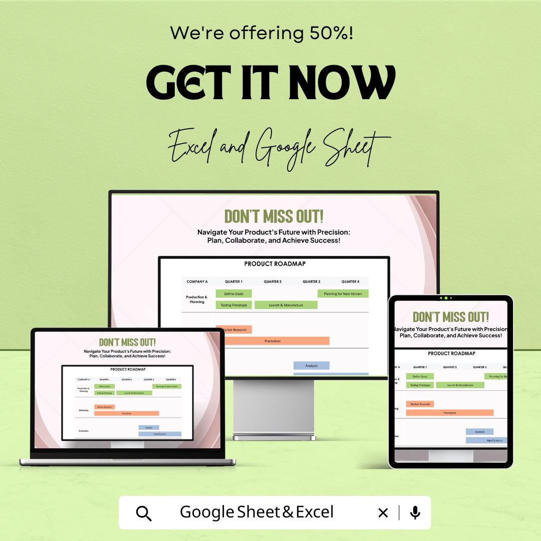 Editable Product Roadmap Sheet | Excel & Google Sheet Template | Customizable Project Planner | Timeline for Product Development