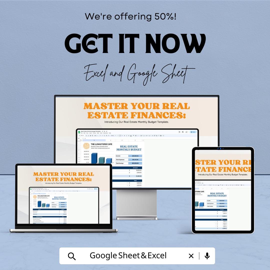 Real Estate Monthly Budget Template |  Property Budget Planner | Rental Income & Expense Tracker | Real Estate Spreadsheet