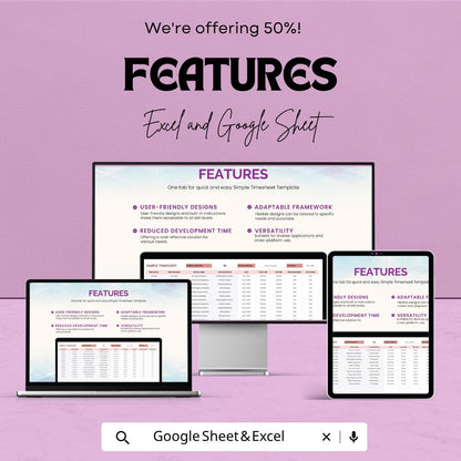 Simple Timesheet Template | Employee Timesheet Spreadsheet | Work Hours Tracker Template | Daily Time Log Sheet