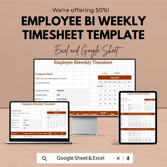 Employee Bi Weekly Timesheet Template, Payroll Tracker, Work Hours Log, Biweekly Time Tracker