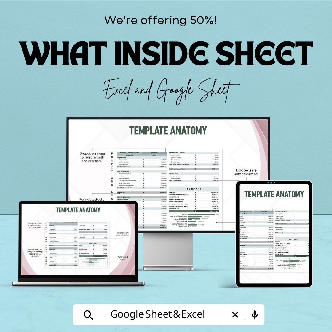 Profit and Loss Format Template | PandL Statement Format | Income Expense Tracker | Excel & Google Sheets