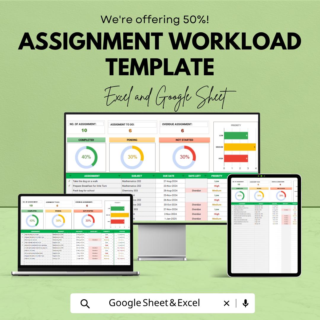 Assignment Workload Template Excel | Assignment Dashboard | Homework Tracker | Study Planner Spreadsheet | Academic Organizer