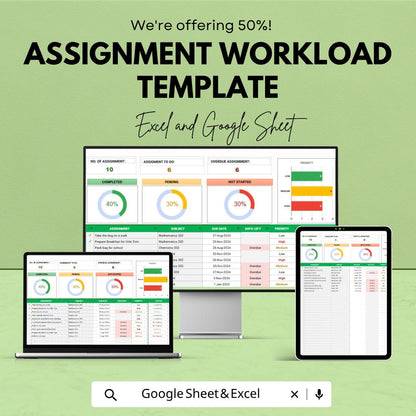 Assignment Workload Template Excel | Assignment Dashboard | Homework Tracker | Study Planner Spreadsheet | Academic Organizer