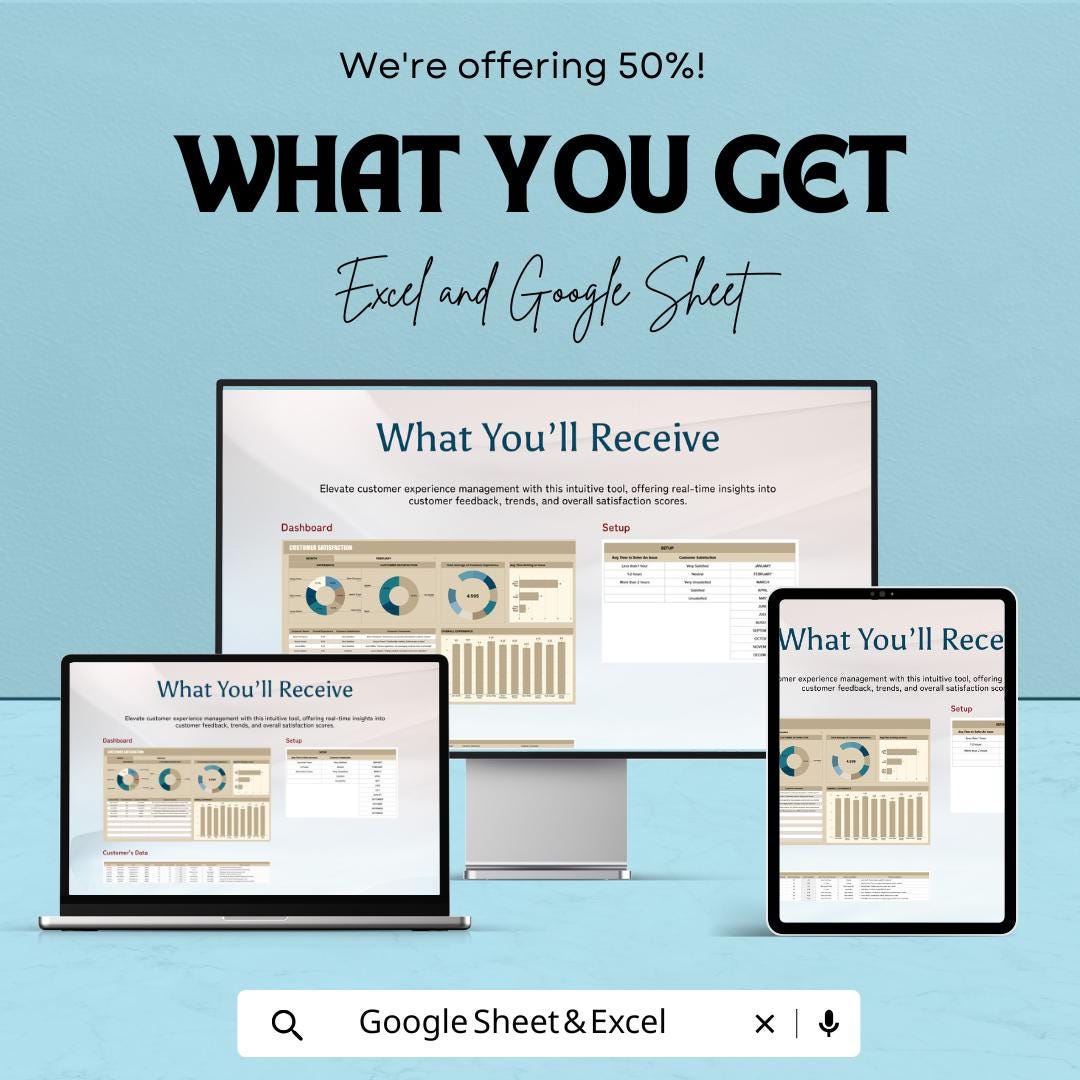 Customer Satisfaction Dashboard Template | Excel & Google Sheet | Real-Time Feedback Tracker, Data Analysis, and Visualization
