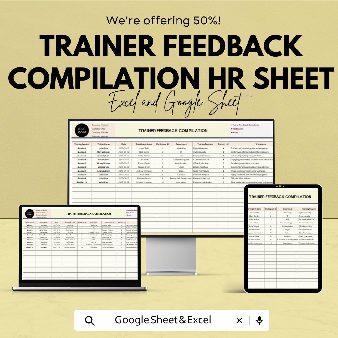 Trainer Feedback Compilation HR Sheet | Excel & Google Sheets | Employee Evaluation Tracker | Performance Dashboard Template