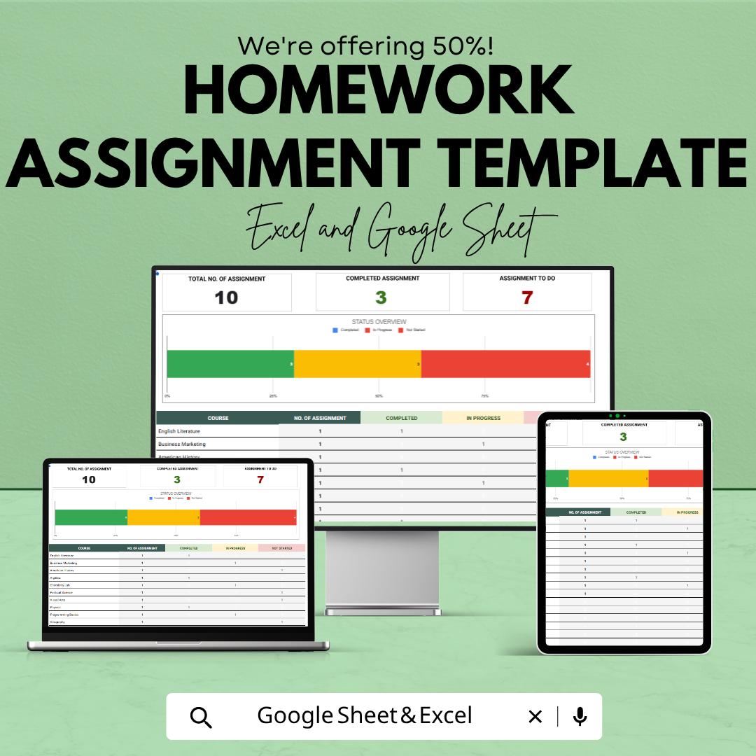 Homework Assignment Template | Student Assignment Tracker | Homework Planner Spreadsheet | Excel & Google Sheets | Study Organizer Sheet