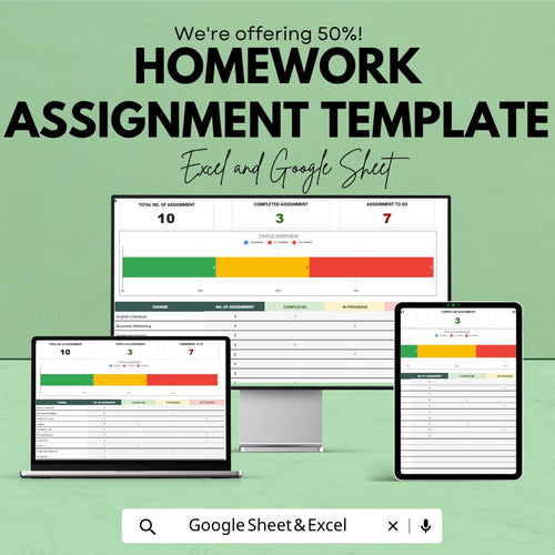 Homework Assignment Template | Student Assignment Tracker | Homework Planner Spreadsheet | Excel & Google Sheets | Study Organizer Sheet