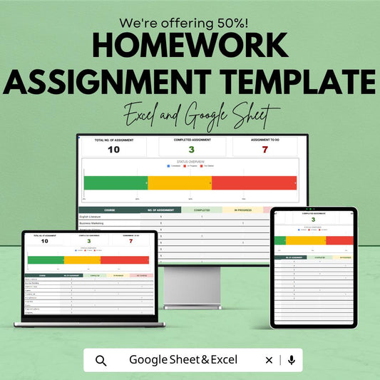 Homework Assignment Template | Student Assignment Tracker | Homework Planner Spreadsheet | Excel & Google Sheets | Study Organizer Sheet