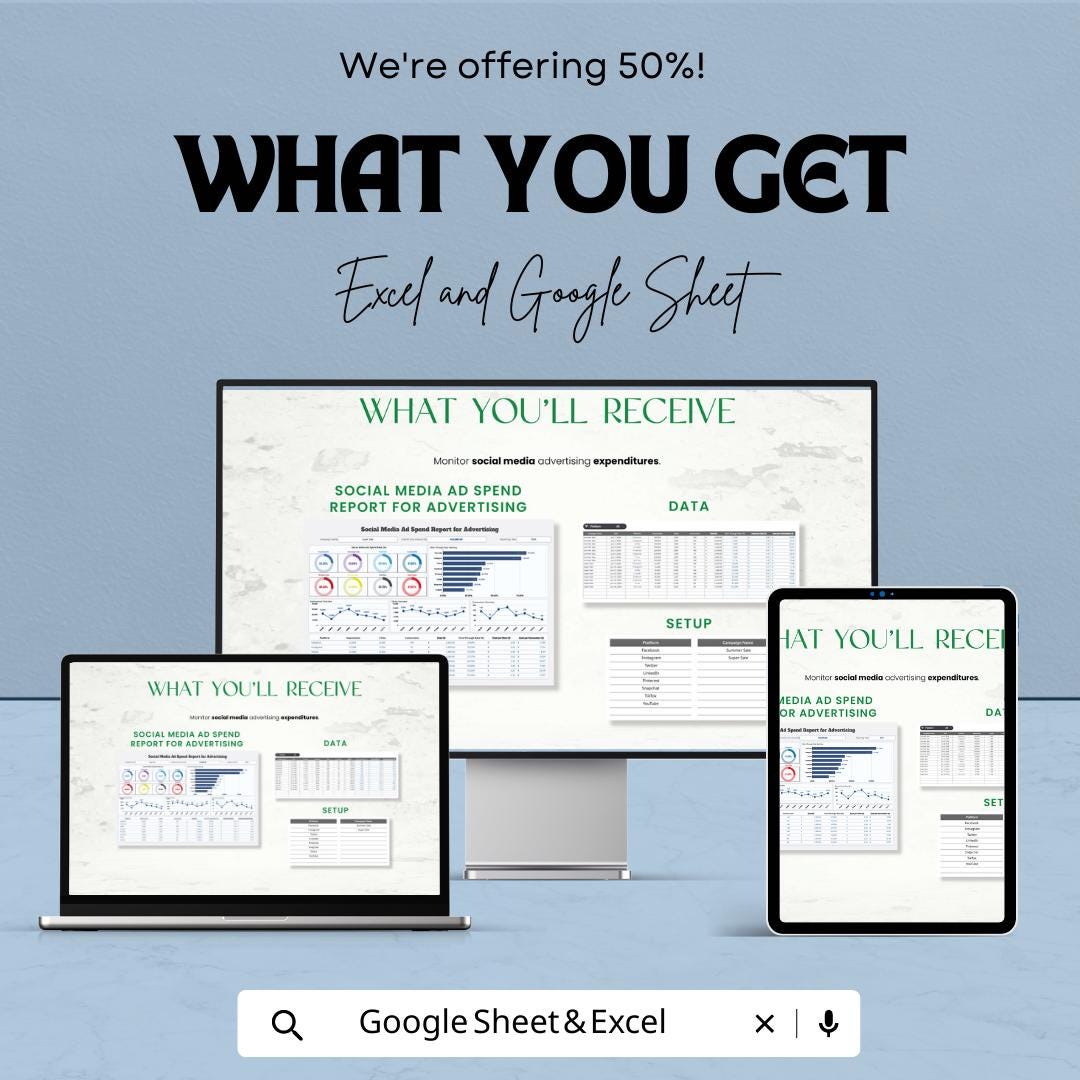 Social Media Ad Spend Tracker Excel | Advertising Budget Report Template | Marketing Analytics Dashboard | Ad Performance Tracker