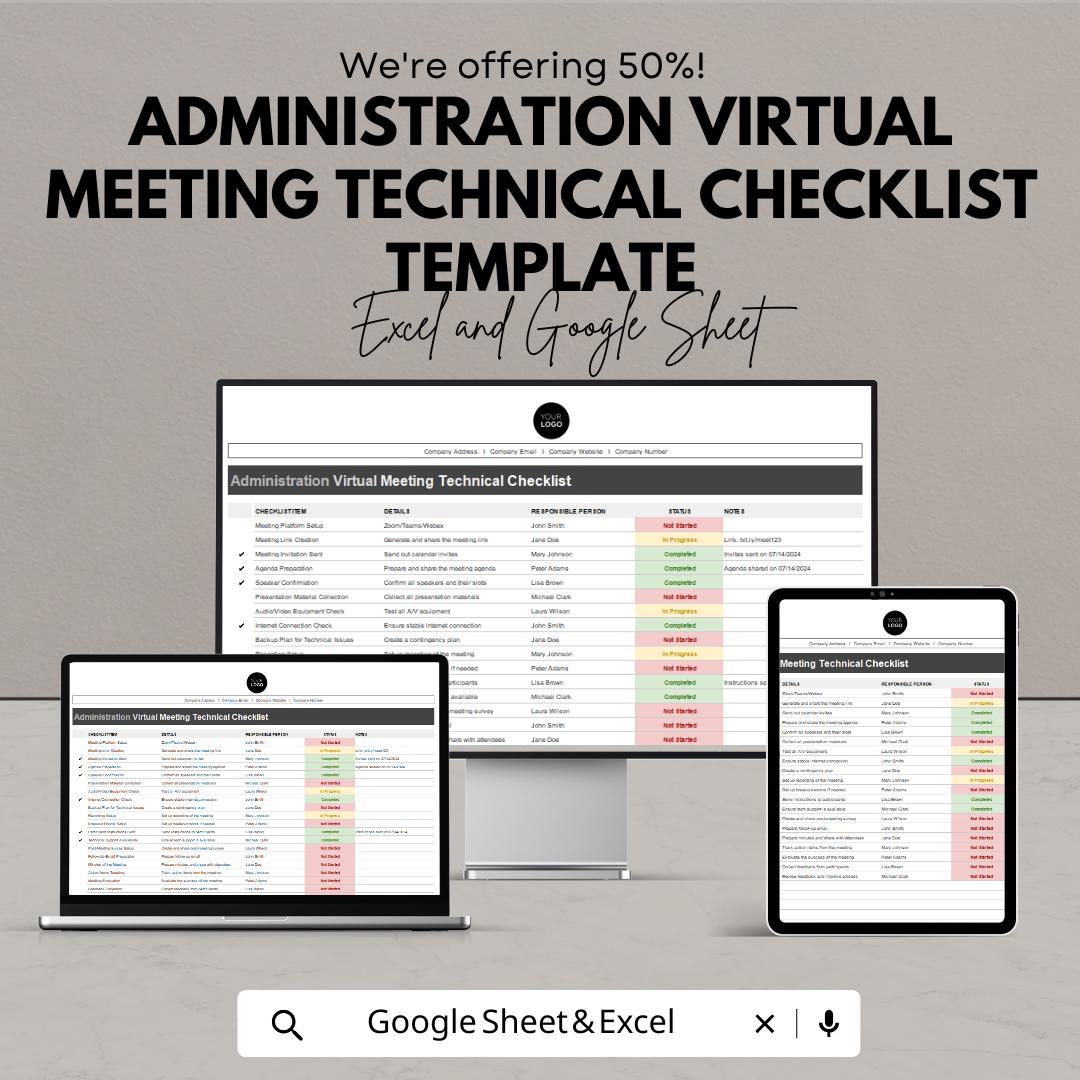 Administration Virtual Meeting Technical Checklist Template | Meeting Planner Spreadsheet | Virtual Event Checklist