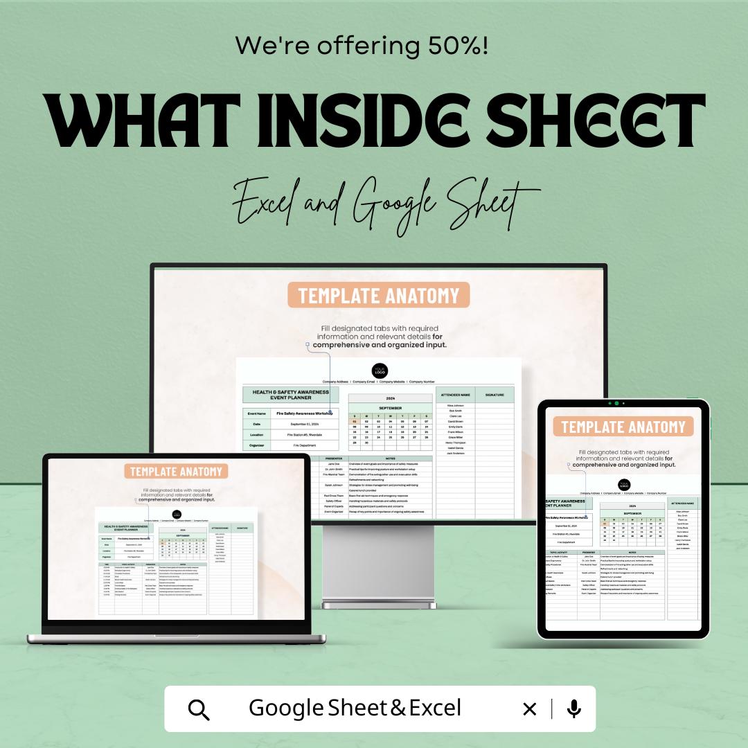 Health & Safety Awareness Event Planner Sheet | Google Sheet | Event Planning Template | Health Safety Management | Google Sheets and Excel