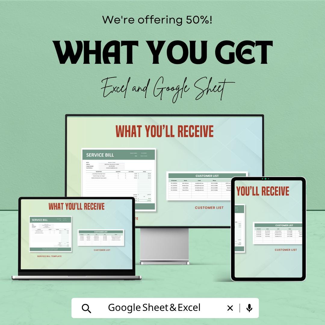 Service Bill Template | Invoice Billing Spreadsheet | Service Invoice Tracker | Excel & Google Sheets | Business Payment Management Sheet