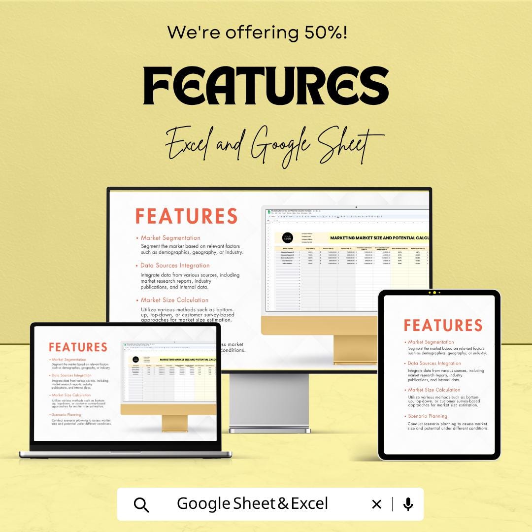 Marketing Market Size Calculator Template | Market Analysis Spreadsheet | TAM SAM SOM Calculator | Business Planning Tool