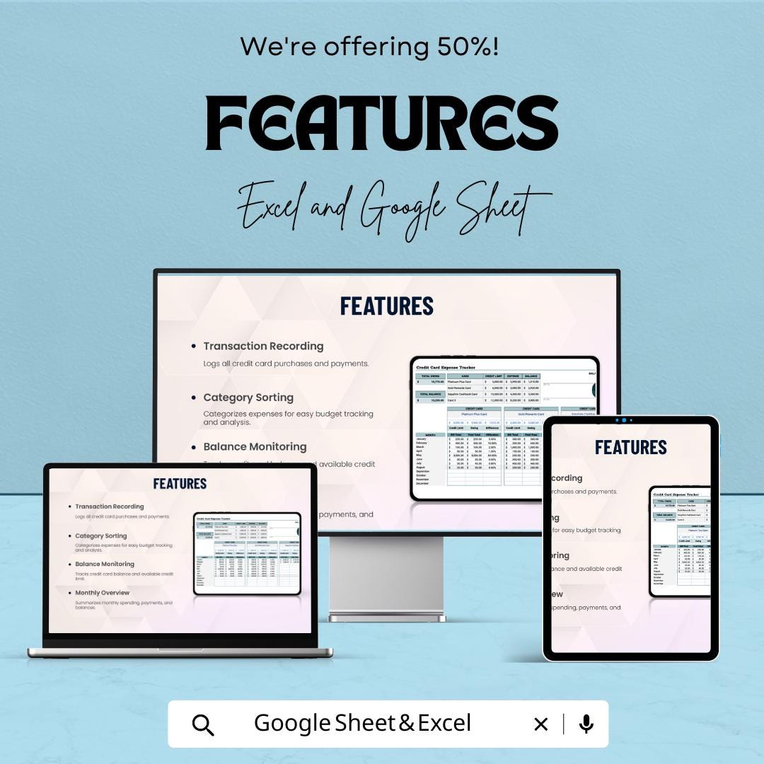 Credit Card Expense Tracker Template | Excel and Google Sheets | Debt Management Spreadsheet | Budget Planner | Financial Tracker Dashboard