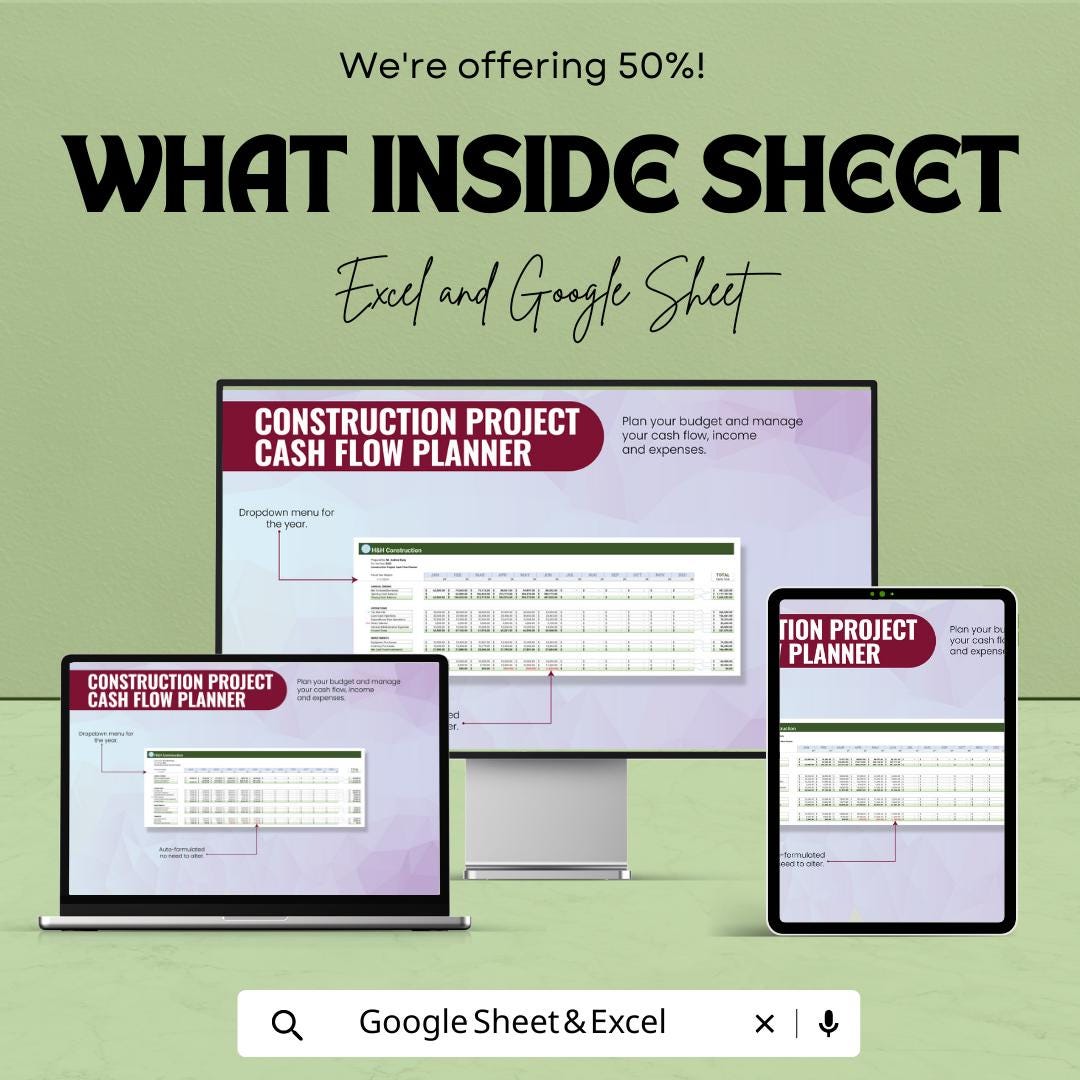 Construction Project Cash Flow Planner Template , Construction Budget Tracker, Project Cost Planning sheet, Contractor Financial Planner