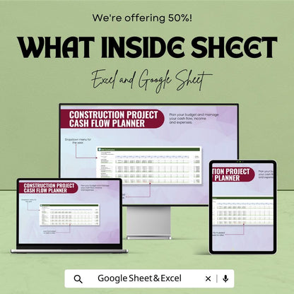 Construction Project Cash Flow Planner Template , Construction Budget Tracker, Project Cost Planning sheet, Contractor Financial Planner