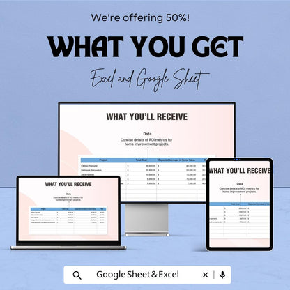 Home Improvement ROI Chart Sheet for Excel & Google Sheets - 50% Off - Track Your Renovation Returns