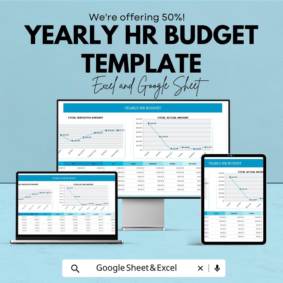 Yearly HR Budget Template | Excel & Google Sheets HR Budget Planner | Annual HR Expense Tracker | Human Resources Budget Spreadsheet
