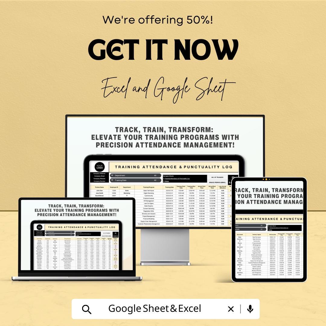 Training Attendance & Punctuality Log HR Sheet | Excel and Google Sheets | Staff Tracker | Employee Record | Attendance Form Template