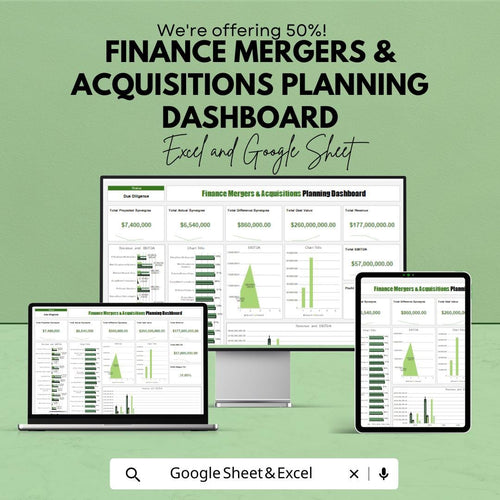 Mergers and Acquisitions Finance Planning Dashboard - Excel and Google Sheets Template for M&A Analysis and Strategy