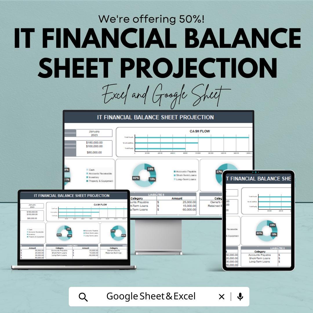 IT Financial Balance Sheet Projection Template | Google Sheet and Excel | Financial Planning & Projection Tool for IT Businesses |