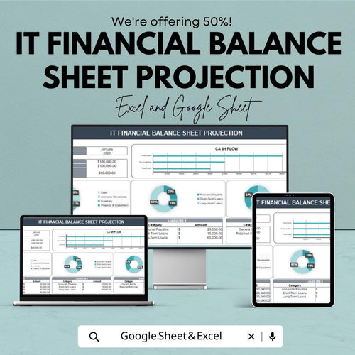 IT Financial Balance Sheet Projection Template | Google Sheet and Excel | Financial Planning & Projection Tool for IT Businesses |