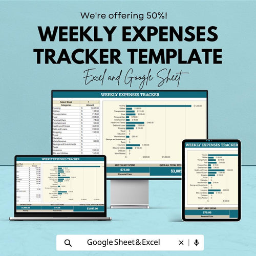 Weekly Expenses Tracker Template | Excel and Google Sheets Budget Planner | Weekly Budget Spreadsheet | Expense Tracking Dashboard