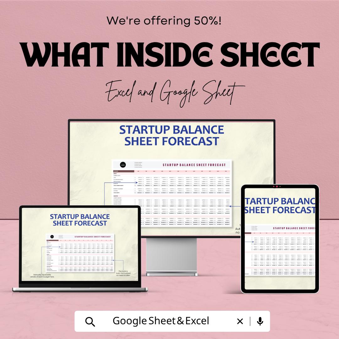 Startup Balance Sheet Forecast Template | Financial Projection Spreadsheet | Business Forecast Template | Startup Finance Template |