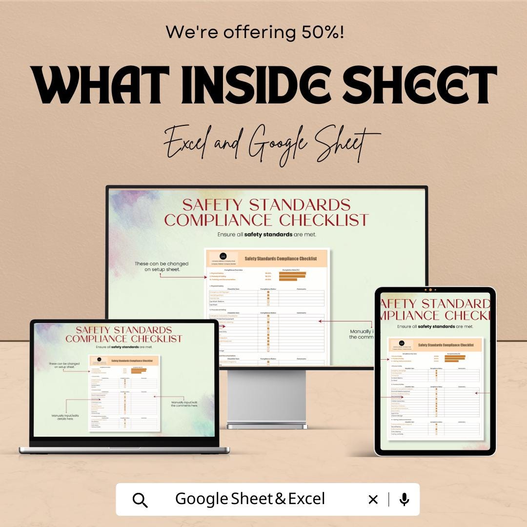 Safety Standards Compliance Checklist Template | OSHA Safety Audit Tracker | Excel & Google Sheets Editable | Workplace Inspection Log